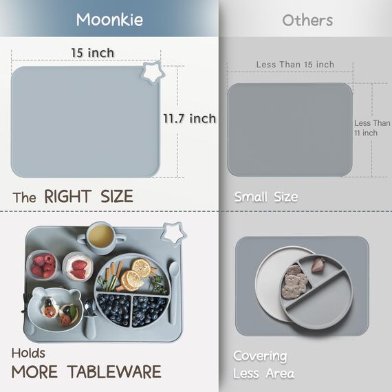 Moonkie 2PC Baby Silikon Platzset Abwaschbar, Platzdeckchen, rutschfest Tischset Kinder, Kinder Platzset, Schmutzabweisend, Tragbar, für Kinder und Kleinkinder (Äther/Salbei)