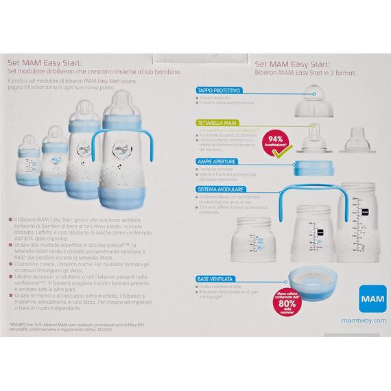 Mam Easy Start Anti-Colic Babyflasche, 8 Flaschen in den Formaten 130 ml, 160 ml und 260 ml, 1 Start Nano, 4 Dichtstoffscheiben, 1 extra weicher und griffiger Ausgießer, Sortiert Farbe, 7- 30 g