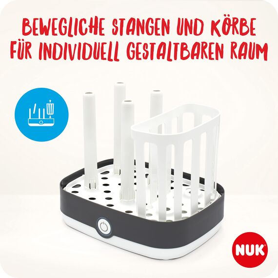 NUK Vario Express Flaschensterilisator | sterilisiert bis zu 6 Babyflaschen plus Zubehör in 6 Minuten auf Wasserdampfbasis | automatische Abschaltung | herausnehmbarer Korb & versetzbare Stäbe