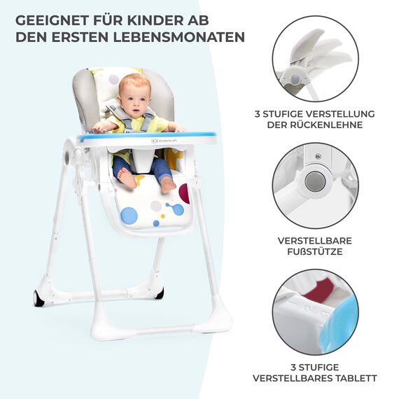 Kinderkraft Hochstuhl YUMMY, Kinderhochstuhl, Babystuhl, Kombihochstuhl, ab den Ersten Lebensmonaten, Fußstütze, Halbliegende Position, Bezug aus PU, Einfach zu Reinigen, Grau
