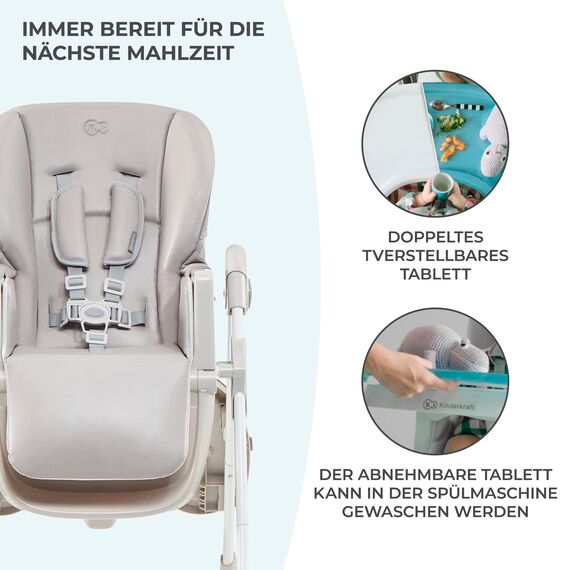Kinderkraft Hochstuhl YUMMY, Kinderhochstuhl, Babystuhl, Kombihochstuhl, ab den Ersten Lebensmonaten, Fußstütze, Halbliegende Position, Bezug aus PU, Einfach zu Reinigen, Grau