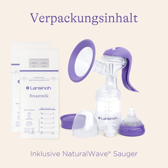 Lansinoh Handmilchpumpe - leichte und leise Milchpumpe für unterwegs - mit Easy-Express Griff für müheloses Pumpen - einstellbare 2-Rhythmen-Technologie