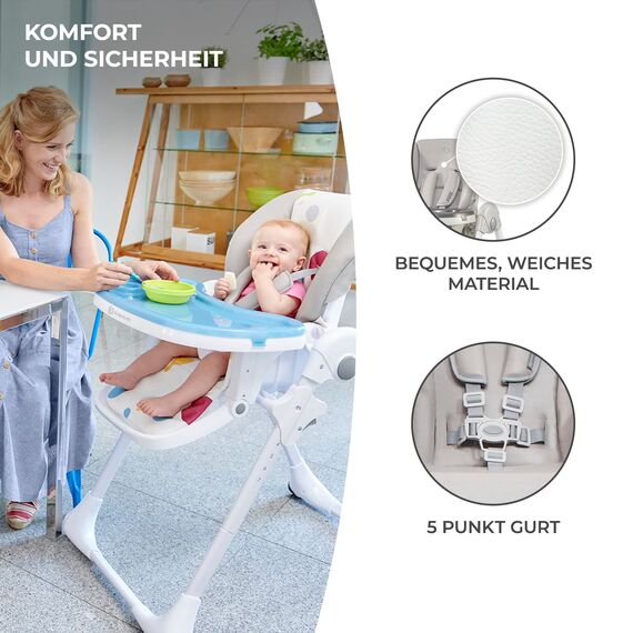 Kinderkraft Hochstuhl YUMMY, Kinderhochstuhl, Babystuhl, Kombihochstuhl, ab den Ersten Lebensmonaten, Fußstütze, Halbliegende Position, Bezug aus PU, Einfach zu Reinigen, Grau