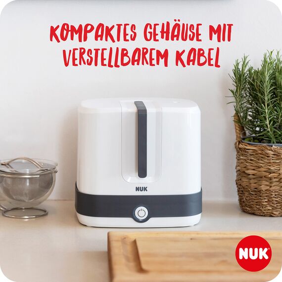 NUK Vario Express Flaschensterilisator | sterilisiert bis zu 6 Babyflaschen plus Zubehör in 6 Minuten auf Wasserdampfbasis | automatische Abschaltung | herausnehmbarer Korb & versetzbare Stäbe