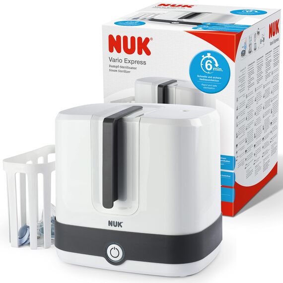 NUK Vario Express Flaschensterilisator | sterilisiert bis zu 6 Babyflaschen plus Zubehör in 6 Minuten auf Wasserdampfbasis | automatische Abschaltung | herausnehmbarer Korb & versetzbare Stäbe