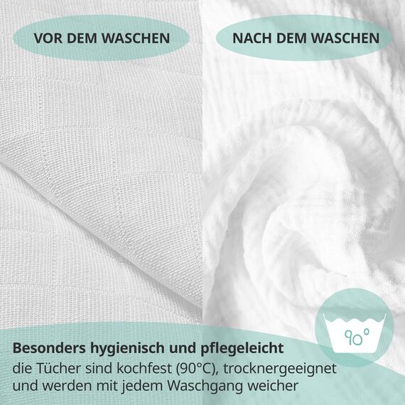 MAKIAN Mullwindeln 10er Pack, 80x80 cm, Oeko-TEX® Standard 100 geprüft, 10 Spucktücher in Premium Qualität - doppelt gewebte Stoffwindeln/Mulltücher, Kochfest - Weiß