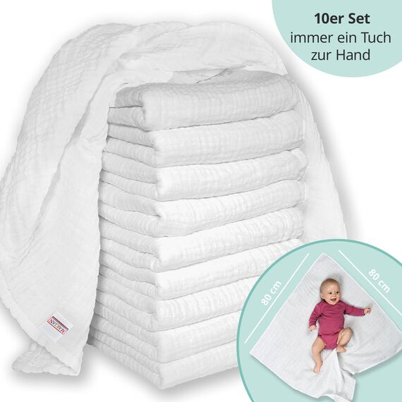 MAKIAN Mullwindeln 10er Pack, 80x80 cm, Oeko-TEX® Standard 100 geprüft, 10 Spucktücher in Premium Qualität - doppelt gewebte Stoffwindeln/Mulltücher, Kochfest - Weiß