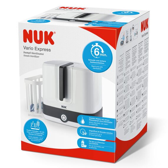 NUK Vario Express Flaschensterilisator | sterilisiert bis zu 6 Babyflaschen plus Zubehör in 6 Minuten auf Wasserdampfbasis | automatische Abschaltung | herausnehmbarer Korb & versetzbare Stäbe