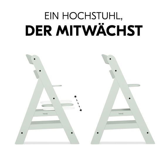 hauck Alpha+, Mint - Mitwachsender Holzhochstuhl aus Buche für Kinder ab 6 Monaten bis 90 kg - Inklusive 5 Punkt Gurt, Schrittgurt, Schutzbügel - Kompatibel mit viel Zubehör