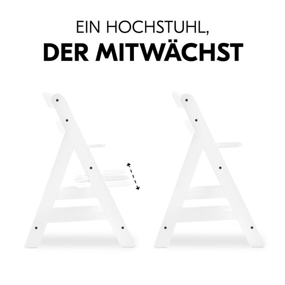 hauck Alpha+, White - Mitwachsender Holzhochstuhl aus Buche für Kinder ab 6 Monaten bis 90 kg - Inklusive 5 Punkt Gurt, Schrittgurt, Schutzbügel - Kompatibel mit viel Zubehör