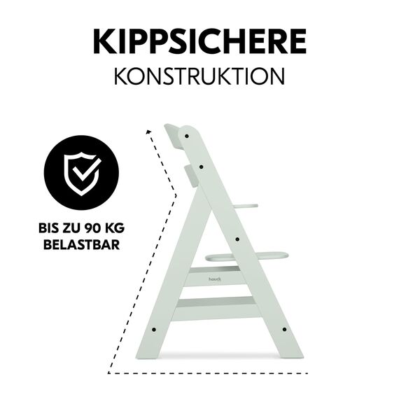 hauck Alpha+, Mint - Mitwachsender Holzhochstuhl aus Buche für Kinder ab 6 Monaten bis 90 kg - Inklusive 5 Punkt Gurt, Schrittgurt, Schutzbügel - Kompatibel mit viel Zubehör