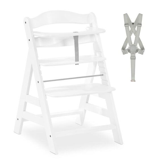 hauck Alpha+, White - Mitwachsender Holzhochstuhl aus Buche für Kinder ab 6 Monaten bis 90 kg - Inklusive 5 Punkt Gurt, Schrittgurt, Schutzbügel - Kompatibel mit viel Zubehör