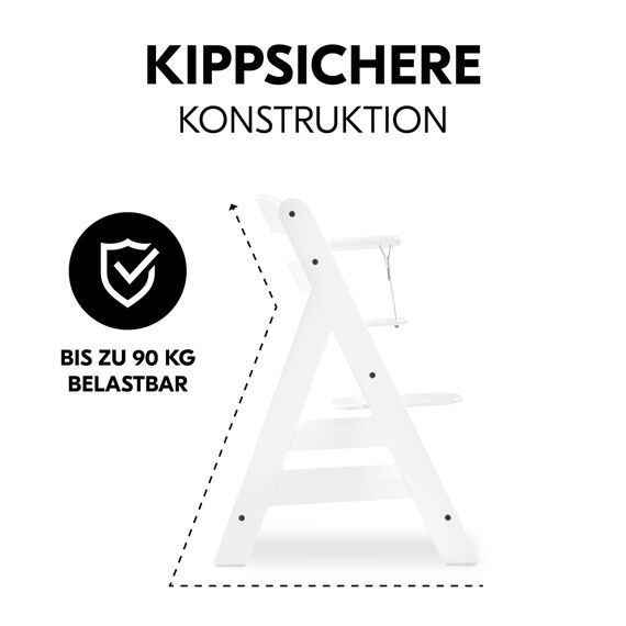 hauck Alpha+, White - Mitwachsender Holzhochstuhl aus Buche für Kinder ab 6 Monaten bis 90 kg - Inklusive 5 Punkt Gurt, Schrittgurt, Schutzbügel - Kompatibel mit viel Zubehör