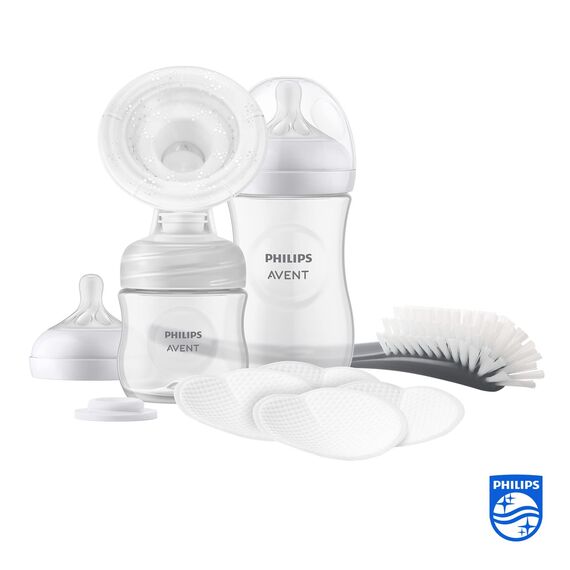Philips AVENT Handmilchpumpe, Geschenkset – Einzelmilchpumpe, Babyflachen mit 260 ml und 125 ml, BPA-frei, 4 Einweg-Stilleinlagen, Polypropylen, Transparent (Modell SCD430/60)