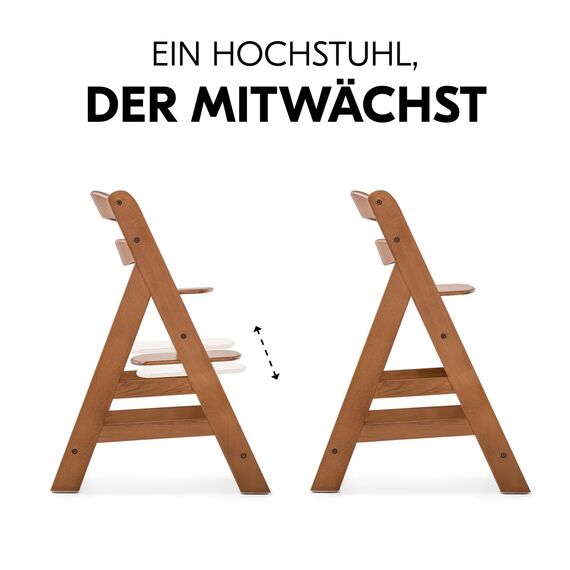 hauck Alpha+, Walnut - Mitwachsender Holzhochstuhl aus Buche für Kinder ab 6 Monaten bis 90 kg - Inklusive 5 Punkt Gurt, Schrittgurt, Schutzbügel - Kompatibel mit viel Zubehör