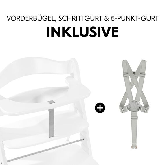 hauck Alpha+, White - Mitwachsender Holzhochstuhl aus Buche für Kinder ab 6 Monaten bis 90 kg - Inklusive 5 Punkt Gurt, Schrittgurt, Schutzbügel - Kompatibel mit viel Zubehör