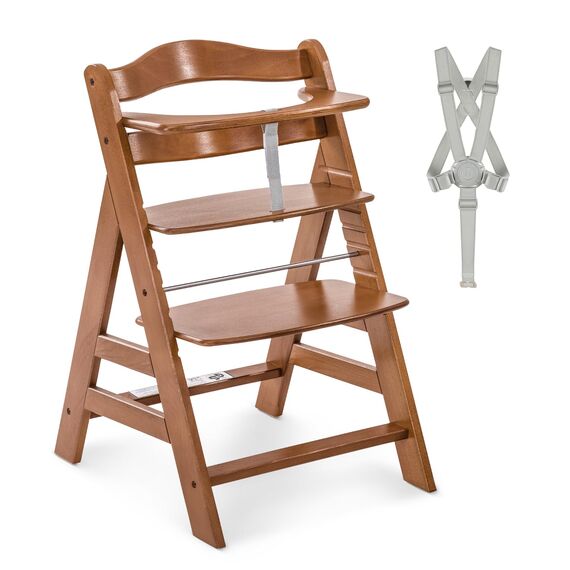 hauck Alpha+, Walnut - Mitwachsender Holzhochstuhl aus Buche für Kinder ab 6 Monaten bis 90 kg - Inklusive 5 Punkt Gurt, Schrittgurt, Schutzbügel - Kompatibel mit viel Zubehör