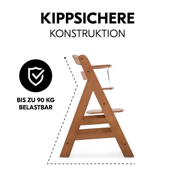 hauck Alpha+, Walnut - Mitwachsender Holzhochstuhl aus Buche für Kinder ab 6 Monaten bis 90 kg - Inklusive 5 Punkt Gurt, Schrittgurt, Schutzbügel - Kompatibel mit viel Zubehör