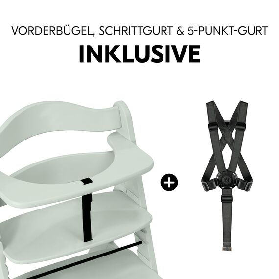 hauck Alpha+, Mint - Mitwachsender Holzhochstuhl aus Buche für Kinder ab 6 Monaten bis 90 kg - Inklusive 5 Punkt Gurt, Schrittgurt, Schutzbügel - Kompatibel mit viel Zubehör