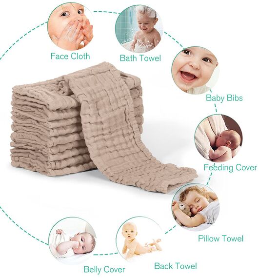 Yoofoss Mulltücher Baby 10er Mullwindeln Baumwolle Spucktücher 27x50 cm Stoffwindeln 6 Lagig Saugfähig Faltwindeln Waschlappen für Baby Neugeborene Braun