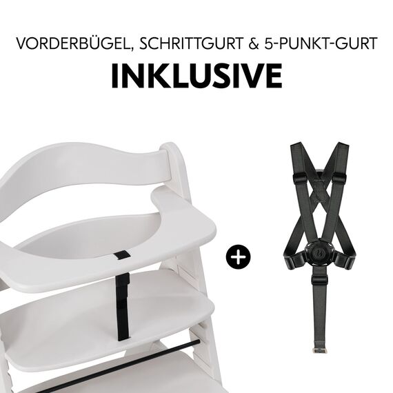 hauck Alpha+, Creme - Mitwachsender Holzhochstuhl aus Buche für Kinder ab 6 Monaten bis 90 kg - Inklusive 5 Punkt Gurt, Schrittgurt, Schutzbügel - Kompatibel mit viel Zubehör