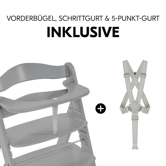 hauck Alpha+, Grey - Mitwachsender Holzhochstuhl aus Buche für Kinder ab 6 Monaten bis 90 kg - Inklusive 5 Punkt Gurt, Schrittgurt, Schutzbügel - Kompatibel mit viel Zubehör