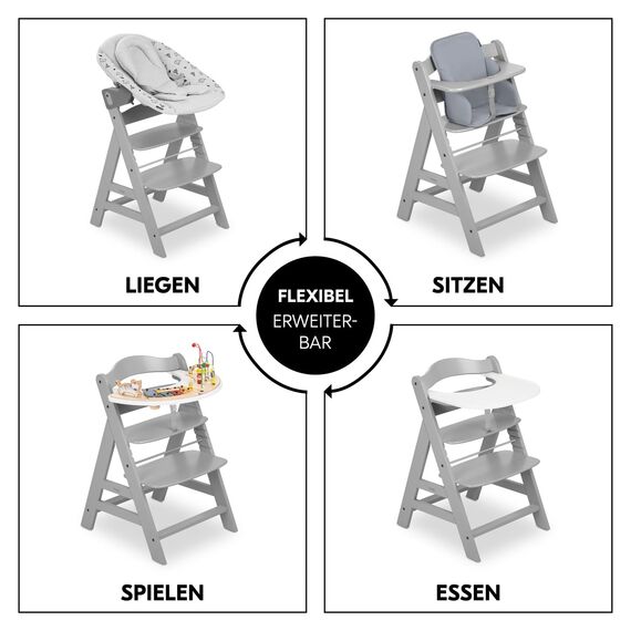 hauck Alpha+, Grey - Mitwachsender Holzhochstuhl aus Buche für Kinder ab 6 Monaten bis 90 kg - Inklusive 5 Punkt Gurt, Schrittgurt, Schutzbügel - Kompatibel mit viel Zubehör