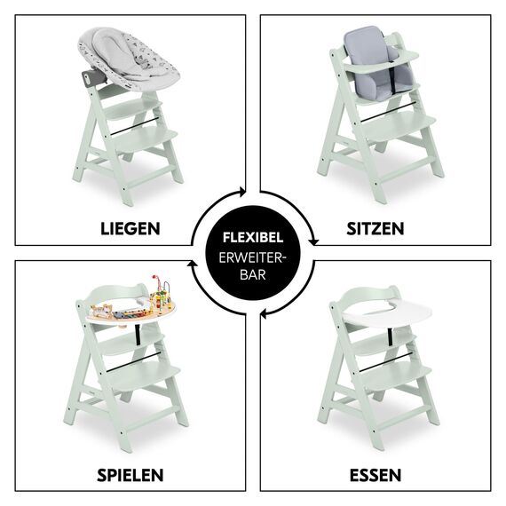 hauck Alpha+, Mint - Mitwachsender Holzhochstuhl aus Buche für Kinder ab 6 Monaten bis 90 kg - Inklusive 5 Punkt Gurt, Schrittgurt, Schutzbügel - Kompatibel mit viel Zubehör