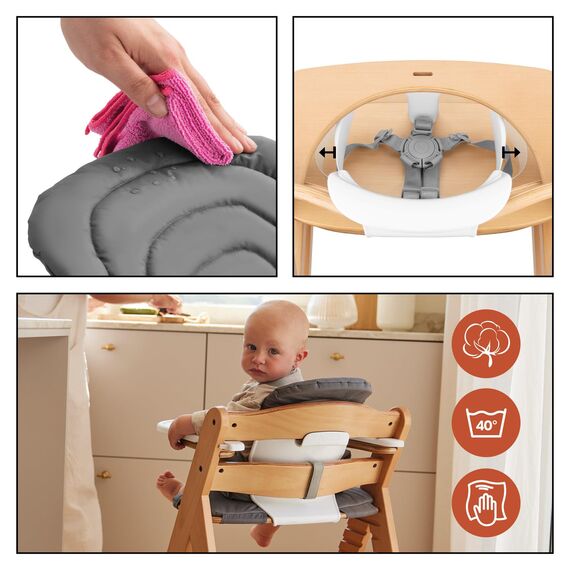 hauck Alpha Start N Grow Set, Natural Dark Grey - ab Geburt bis 90 kg, Holzhochstuhl aus Buche, 3 in 1 Babywippe mit Musselinbezug, Sitzverkleinerer, Sitzkissen, Essbrett, Spielbrett, 3 Lernspiele