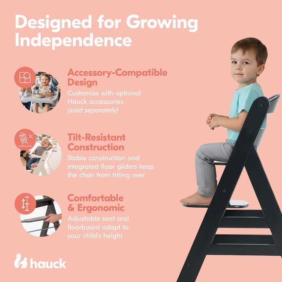 hauck Hochstuhl Alpha+ für Kinder ab 6 Monaten bis 90 kg, inkl. Schutzbügel, 5-Punkt-Gurt & Schrittgurt, mitwachsender Kinderhochstuhl aus FSC® zertifiziertem Buchenholz (Black)