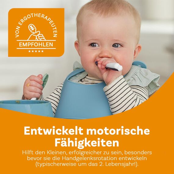 NumNum GOOtensils Babylöffel Set - Stufe 1+2 Esslernlöffel Baby ab 6+ Monaten - Beikost Baby Zubehör BLW - BPA frei Silikon Löffel Selber Essen - 2er (Grau/Grün)