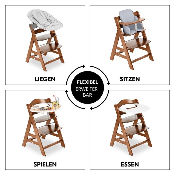 hauck Alpha+, Walnut - Mitwachsender Holzhochstuhl aus Buche für Kinder ab 6 Monaten bis 90 kg - Inklusive 5 Punkt Gurt, Schrittgurt, Schutzbügel - Kompatibel mit viel Zubehör