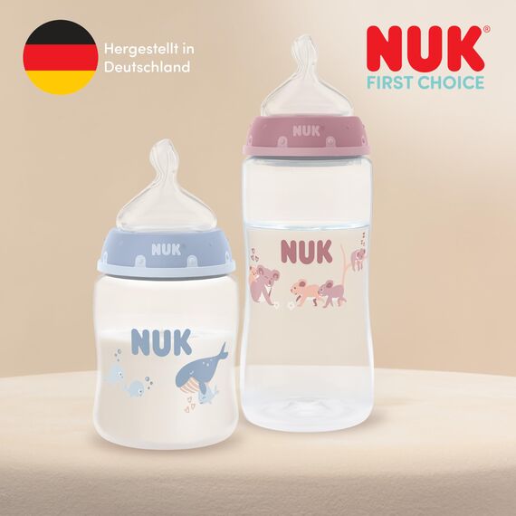 NUK First Choice Babyflaschen | 0-3+ Monate | 150ml & 300 ml | Anti-Kolik-Trinkflasche | PP | Temperature Control Anzeige | Wal | 4 Stück