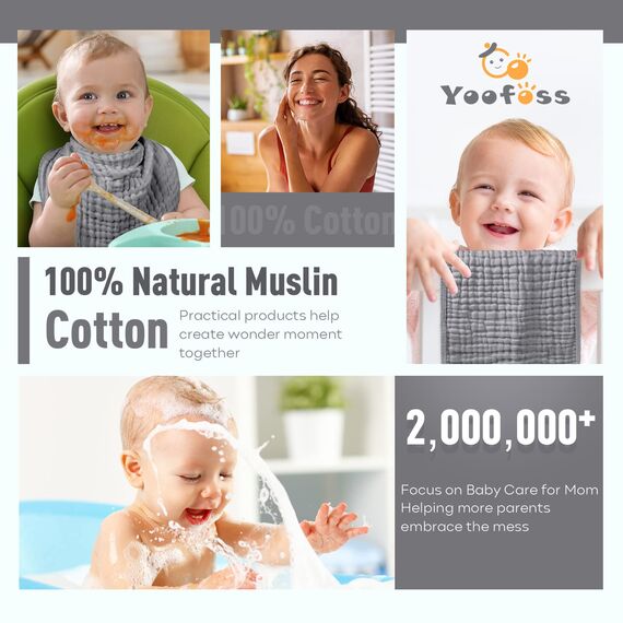 Yoofoss Mullwindeln Spucktücher 10er Stoffwindeln 27x50 cm Mulltücher 6 Lagig Saugstark Waschlappen 100% Baumwolle Tücher Faltwindeln für Baby Grau