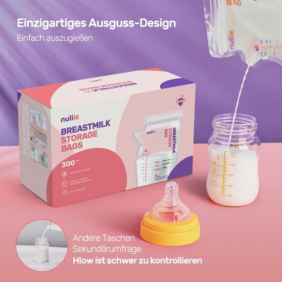 Nuliie 300 Stück Muttermilchbeutel, BPA-frei Muttermilch Aufbewahrung bag, Muttermilchbeutel mit Ausgießer für das Stillen, Selbststehender, Kann eingefroren werden，Platzsparendes, 8 Unze