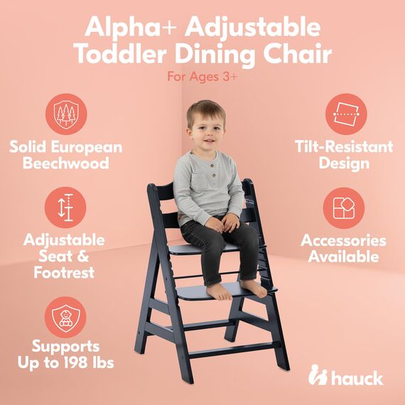hauck Hochstuhl Alpha+ für Kinder ab 6 Monaten bis 90 kg, inkl. Schutzbügel, 5-Punkt-Gurt & Schrittgurt, mitwachsender Kinderhochstuhl aus FSC® zertifiziertem Buchenholz (Black)