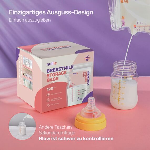 Nuliie 120 Stück Muttermilchbeutel, 250ml BPA-freie Muttermilch Aufbewahrungsbeutel, Milchbeutel für Muttermilch mit Ausgießer für das Stillen, Selbststehende, Kann Eingefroren Werden, Platzsparende