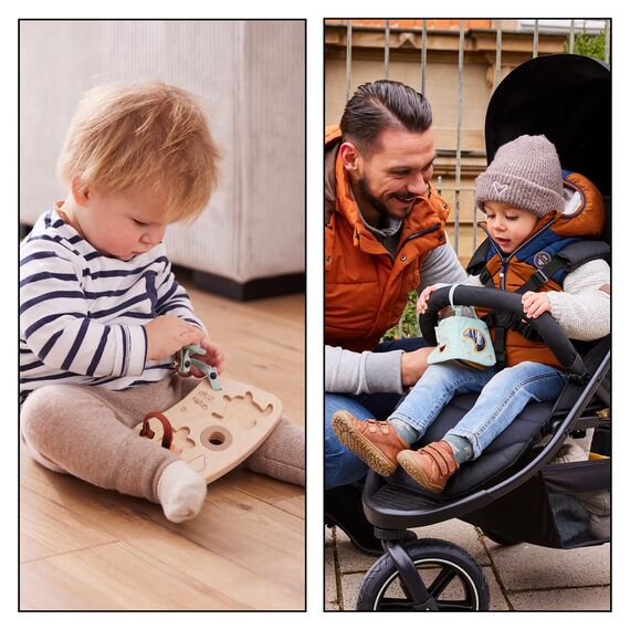 hauck Alpha Start N Grow Set, Natural Dark Grey - ab Geburt bis 90 kg, Holzhochstuhl aus Buche, 3 in 1 Babywippe mit Musselinbezug, Sitzverkleinerer, Sitzkissen, Essbrett, Spielbrett, 3 Lernspiele