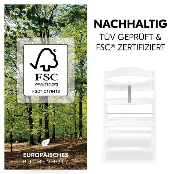 hauck Alpha+, White - Mitwachsender Holzhochstuhl aus Buche für Kinder ab 6 Monaten bis 90 kg - Inklusive 5 Punkt Gurt, Schrittgurt, Schutzbügel - Kompatibel mit viel Zubehör