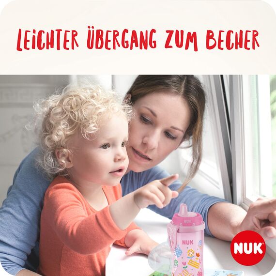 NUK Kiddy Cup Kleinkind-Becher | 12+ Monate | 300 ml | Auslaufsicheres, verstärktes Mundstück | Clip & Schutzkappe | BPA-frei | Pink