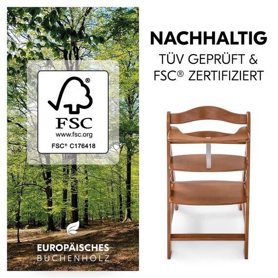 hauck Alpha+, Walnut - Mitwachsender Holzhochstuhl aus Buche für Kinder ab 6 Monaten bis 90 kg - Inklusive 5 Punkt Gurt, Schrittgurt, Schutzbügel - Kompatibel mit viel Zubehör