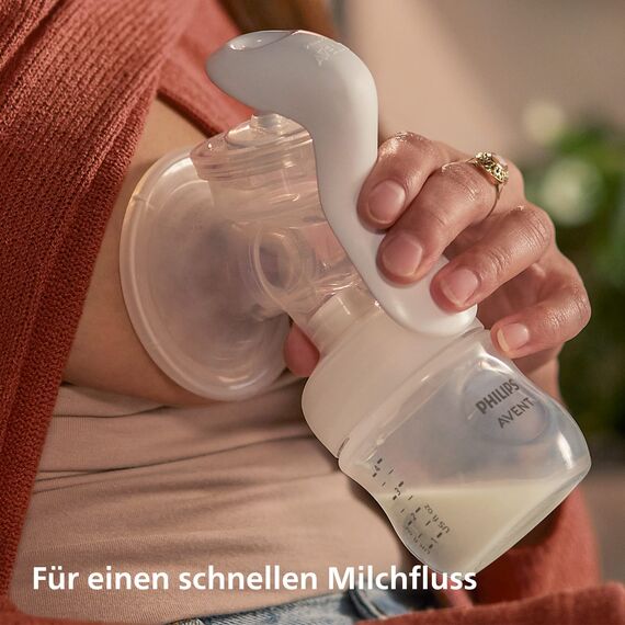 Philips AVENT Handmilchpumpe, Geschenkset – Einzelmilchpumpe, Babyflachen mit 260 ml und 125 ml, BPA-frei, 4 Einweg-Stilleinlagen, Polypropylen, Transparent (Modell SCD430/60)