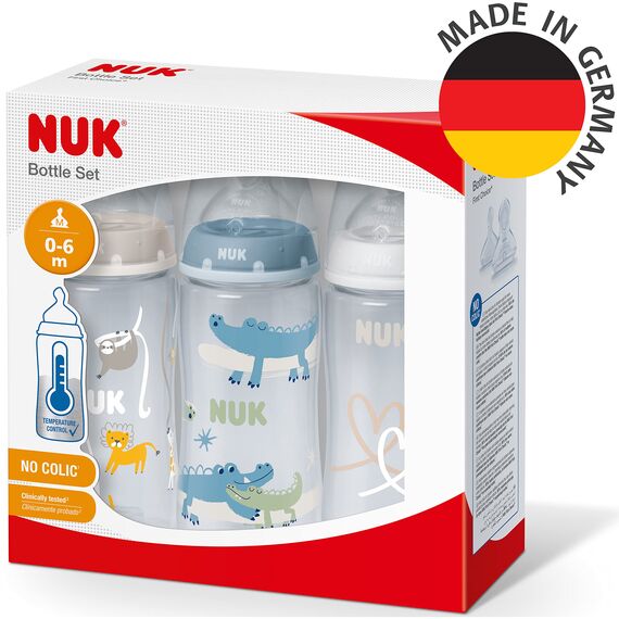 NUK First Choice+ Babyflasche im Set | 0–6 Monate | Temperature Control Anzeige | 300 ml | Anti-Colic-Ventil | BPA-frei | Trinksauger aus Silikon | 3 Stück | Safari