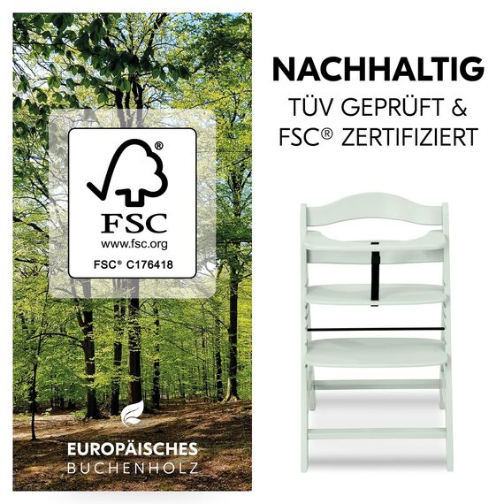 hauck Alpha+, Mint - Mitwachsender Holzhochstuhl aus Buche für Kinder ab 6 Monaten bis 90 kg - Inklusive 5 Punkt Gurt, Schrittgurt, Schutzbügel - Kompatibel mit viel Zubehör