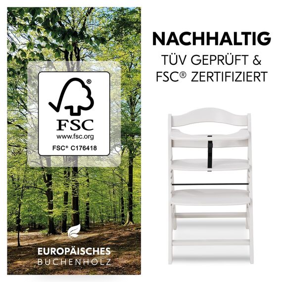 hauck Alpha+, Creme - Mitwachsender Holzhochstuhl aus Buche für Kinder ab 6 Monaten bis 90 kg - Inklusive 5 Punkt Gurt, Schrittgurt, Schutzbügel - Kompatibel mit viel Zubehör