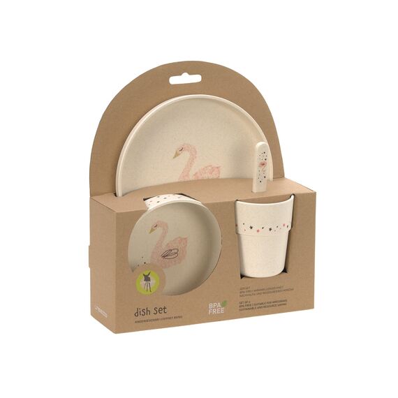 LÄSSIG Kindergeschirr Set (Teller, Becher, Schälchen, Löffel) ohne , BPA-frei, für Spülmaschine und Mikrowelle/Dish Set Little Water Swan