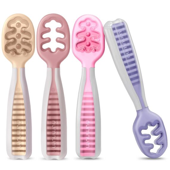 NumNum GOOtensils Babylöffel Set - Stufe 1+2 Esslernlöffel Baby ab 6+ Monaten - Beikost Baby Zubehör BLW - BPA frei Silikon Löffel Selber Essen - 4er (Blumenfarben)