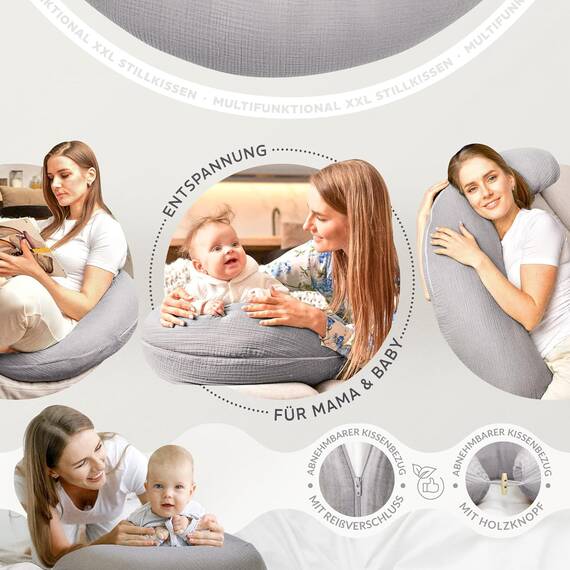 sei Design Stillkissenbezug Musselin personalisierbar – Bezug für Stillkissen 190x30 cm, Schwangerschafts- & Seitenschläferkissen, 100% Baumwolle, weich, atmungsaktiv, mit Reißverschluss, waschbar