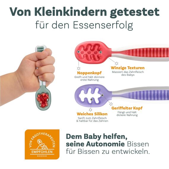 NumNum GOOtensils Babylöffel Set - Stufe 1+2 Esslernlöffel Baby ab 6+ Monaten - Beikost Baby Zubehör BLW - BPA frei Silikon Löffel Selber Essen - 2er (Rot/Gelb)