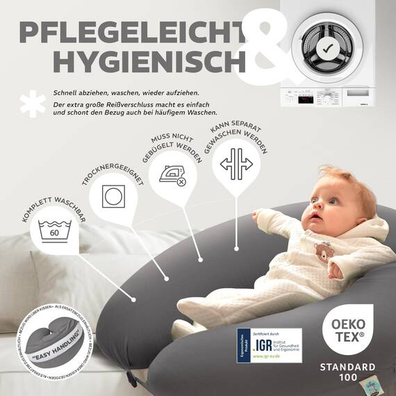 sei Design Stillkissenbezug 190×35 cm – Premium Jersey Ersatzbezug für Stillkissen XXL – weich. elastisch & pflegeleicht – mit Tasche & XXL-Reißverschluss – Oeko-TEX – Sand | Rosa | Grau | Mint